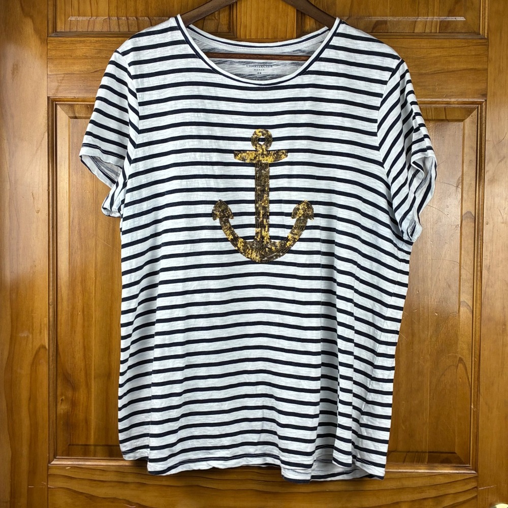 Charter Club Woman 2X Navy White Striped Sequin Anchor T-Shirt Nautical Cotton